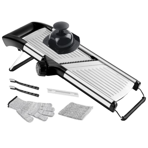 Stainless Steel Commercial Mandoline Slicer with 4 Blades, Cut-Resistant Gloves, Brush and Cloth for Kitchen