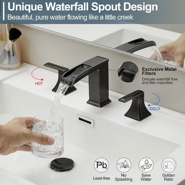 8 in. Widespread 2-Handle Waterfall Spout Bathroom Sink Faucet with Pop-Up Drain and Supply Lines in Oil Rubbed Bronze