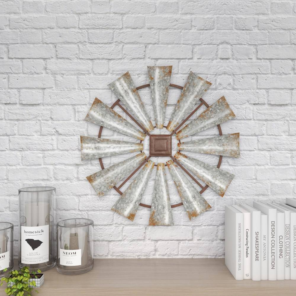 Silver Distressed Galvanized Metal Windmill Wall Sculpture