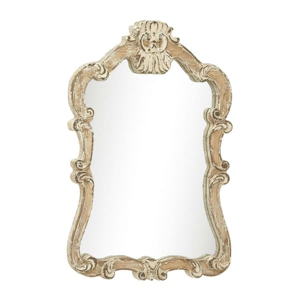 Litton Lane 39 in. x 25 in. Carved Acanthus Arched Framed Cream Wall Mirror with Arched Top and Distressing