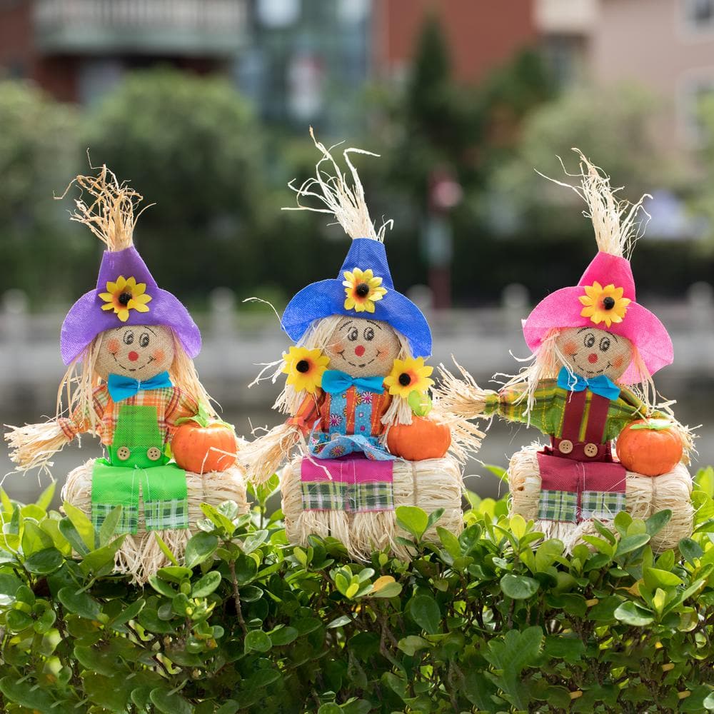 Multicolor Fabric and Hay Trio Scarecrows for Halloween and Fall Decor