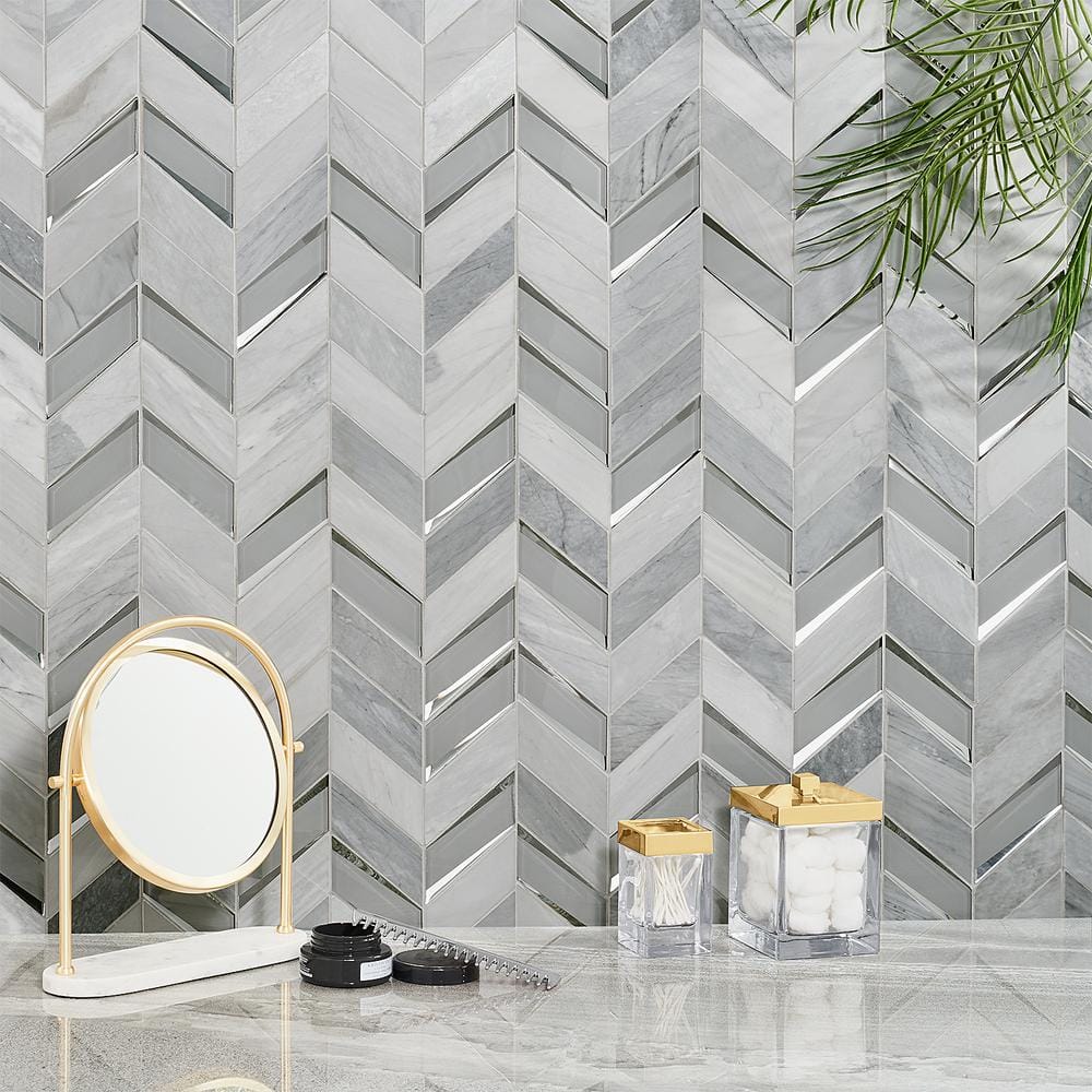 Verona Polished Gray Marble Chevron Mosaic Tile