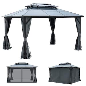 10 ft. x 13 ft. Polycarbonate Double Roof Hardtop Gazebo Canopy Curtains Aluminum Frame with Netting for Garden Patio