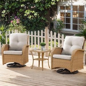 Yellow 3-Piece Wicker Outdoor Rocking Chair Patio Conversation Set with Beige Cushions and Side Table