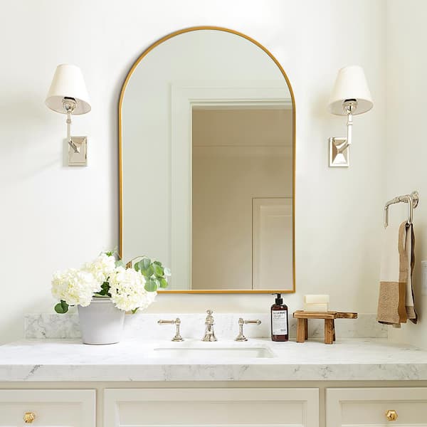 NEUTYPE 24 in. W x 35.8 in. H Arched Framed Wall Bathroom Vanity Mirror in Gold