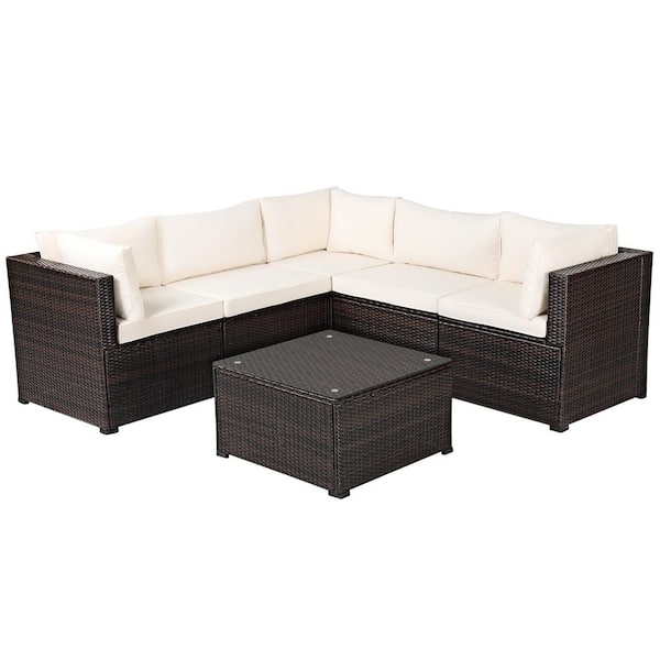 Gymax 6-Piece Wicker Outdoor Patio Sectional Sofa Conversation Set Outdoor with Beige Cushions