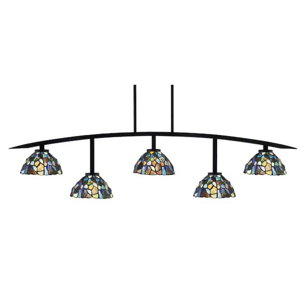 Unbranded Siena 5-Light Matte Black Billiard-Light with Blue Mosaic Art Glass Shades