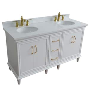 61 in. W x 22 in. D Double Bath Vanity in White with Quartz Vanity Top in White with White Oval Basins