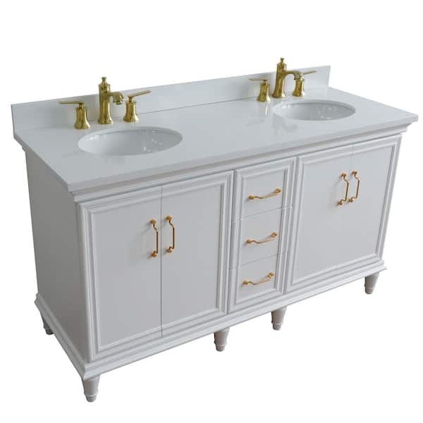 61 in. W x 22 in. D Double Bath Vanity in White with Engineered Stone Vanity Top in White with White Oval Basins
