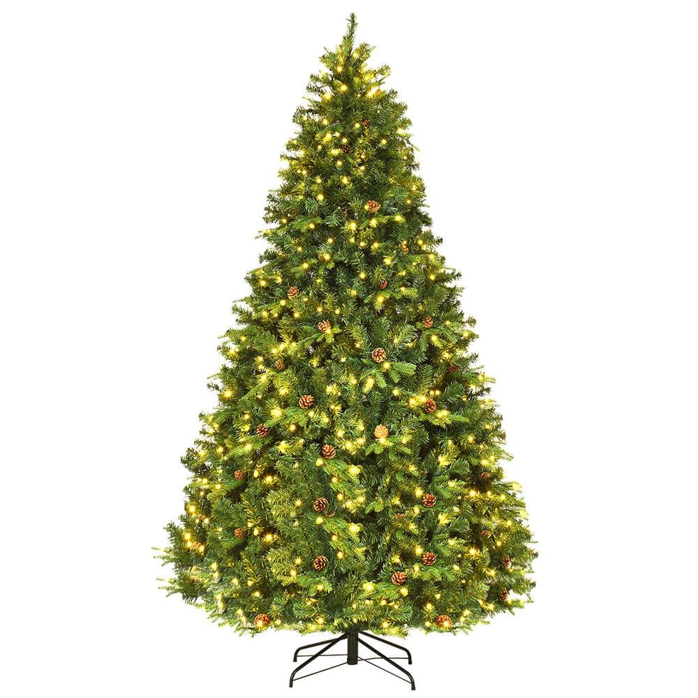 Costway - 8Ft Pre-Lit Christmas Tree Hinged 600 LED Lights Pine Cones - Green