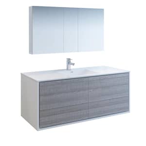 Catania 60 in. Modern Double Wall Hung Vanity in Glossy Ash Gray, Vanity Top in White with White Basins,Medicine Cabinet