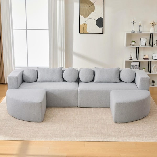 114.9 in. Boucle Fabric Fully Compressed Sectional Sofa in Gray