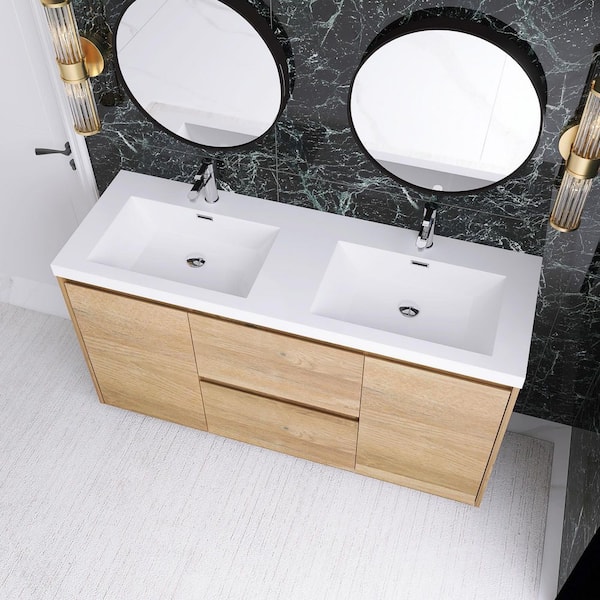 59.06 in. W x 19.69 in. D x 33.46 in. H Freestanding Bath Vanity in Natural Oak with White Resin Top