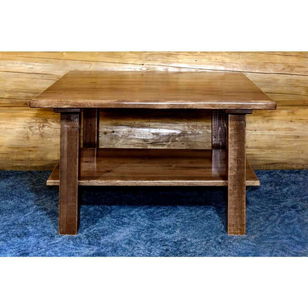 Rustic Pine Square Cocktail Table with Storage Shelf