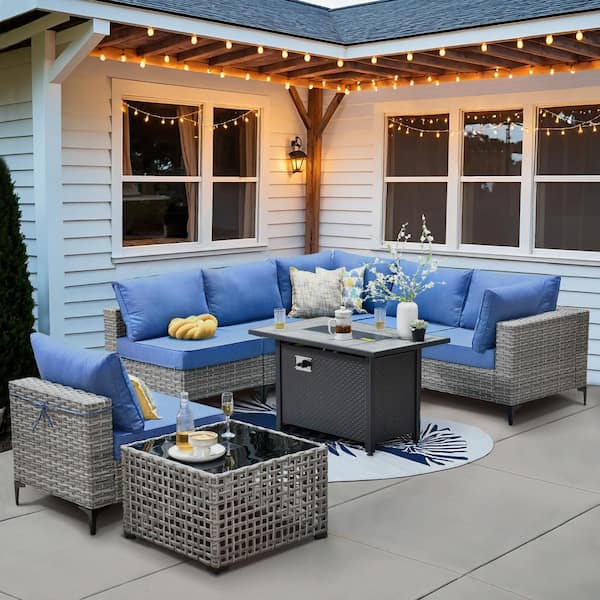 OVIOS Supery Gray 8-Piece Wicker Rectangle Fire Pit Patio Conversation Set with Diamond Blue Cushions