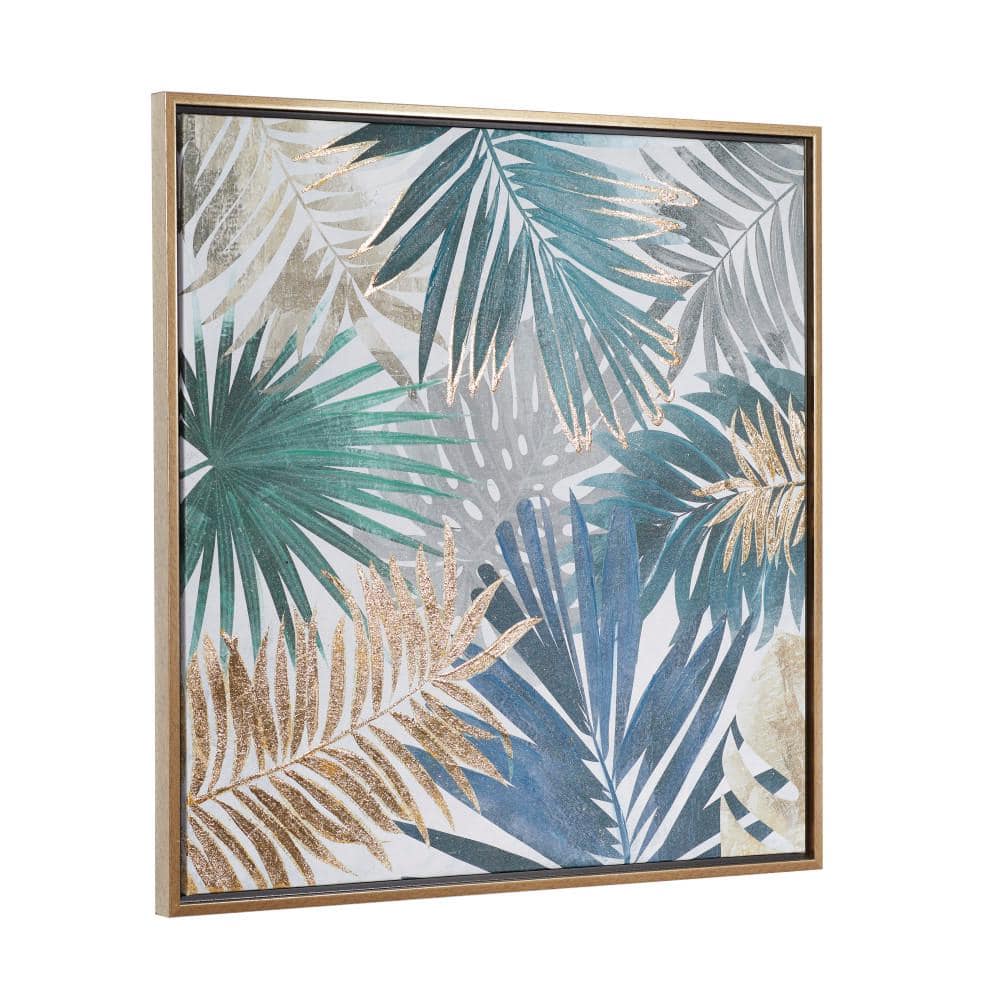 32" Blue and Gold Tropical Leaf Framed Canvas Wall Art