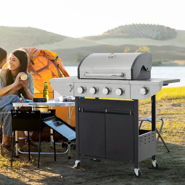 46700 BTU 4 Burner Propane Gas Grill with Side Oven and Condiment Rack and Thermometer Silver Stainless Patio Heater