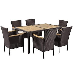 Brown 7-Piece Wicker Patio Outdoor Dining Set Acacia Wood Tabletop, Stackable Armrest Chairs with Beige Cushions