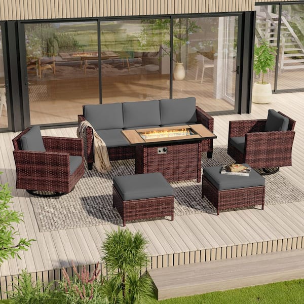 6-Pieces Patio Conversation Set with Rectangle Fire Pit Table and Swivel Rocking Chairs, Brown Wicker Gray Cushion