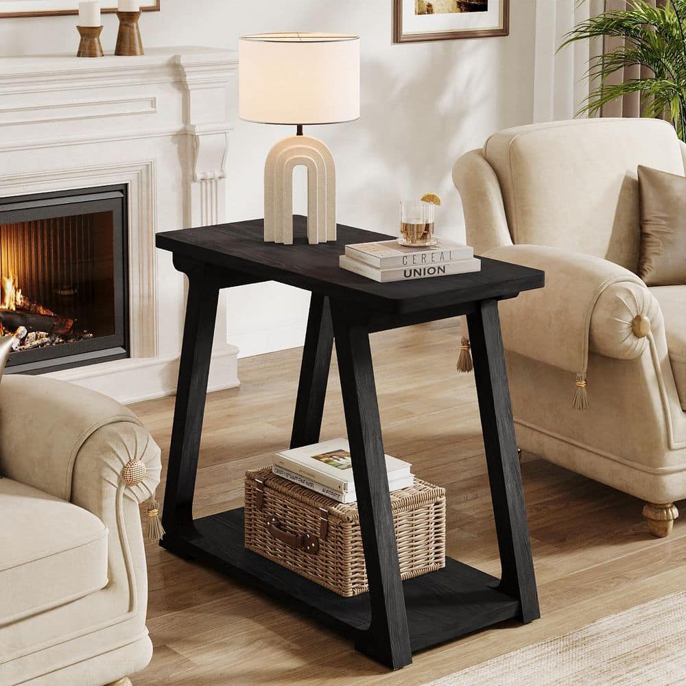 Kerlin 27.6 in. Black Rectangle Solid Wood End Table, 2-Tier Farmhouse Side Table with Storage Shelf for Living Room