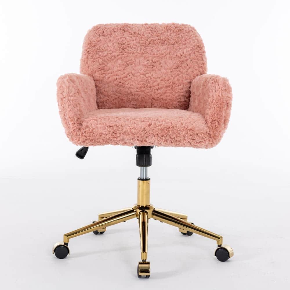 Pink Artificial Rabbit Hair Gaming Chair with Golden Metal Base, Adjustable Swivel, Reclining Chassis, Set of 1
