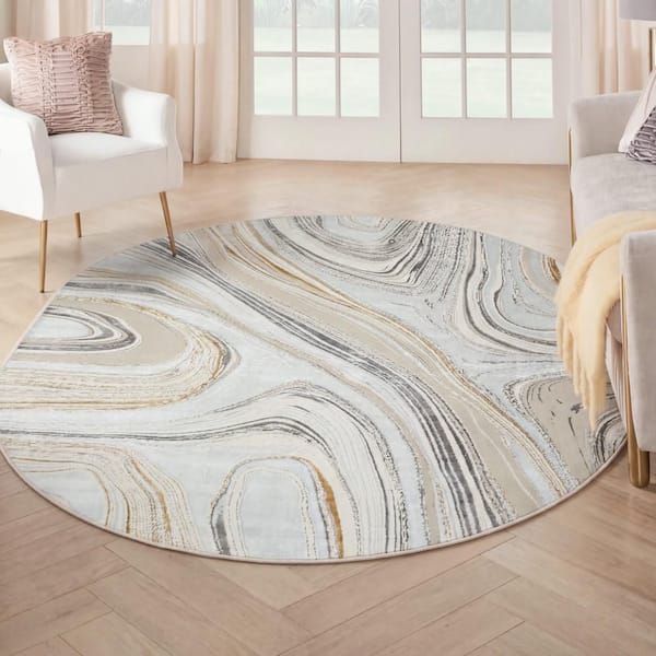 Glam Grey Gold 9 ft. x 12 ft. Abstract Contemporary Oval Area Rug