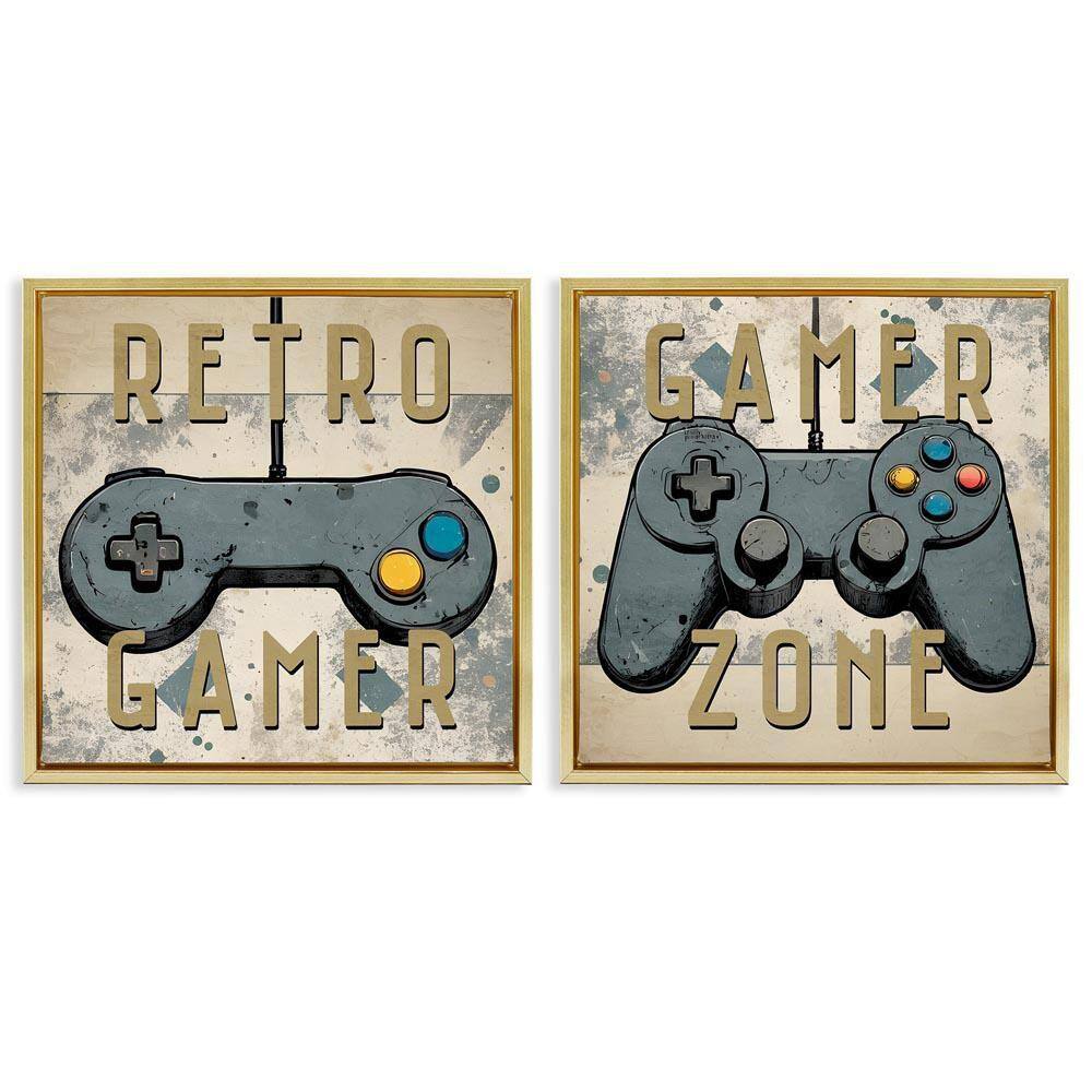 Retro Gamer Controllers by Kim Allen 2-Pieces Gold Floater Frame Typography Graphic Art Print 25 in. x 25 in.