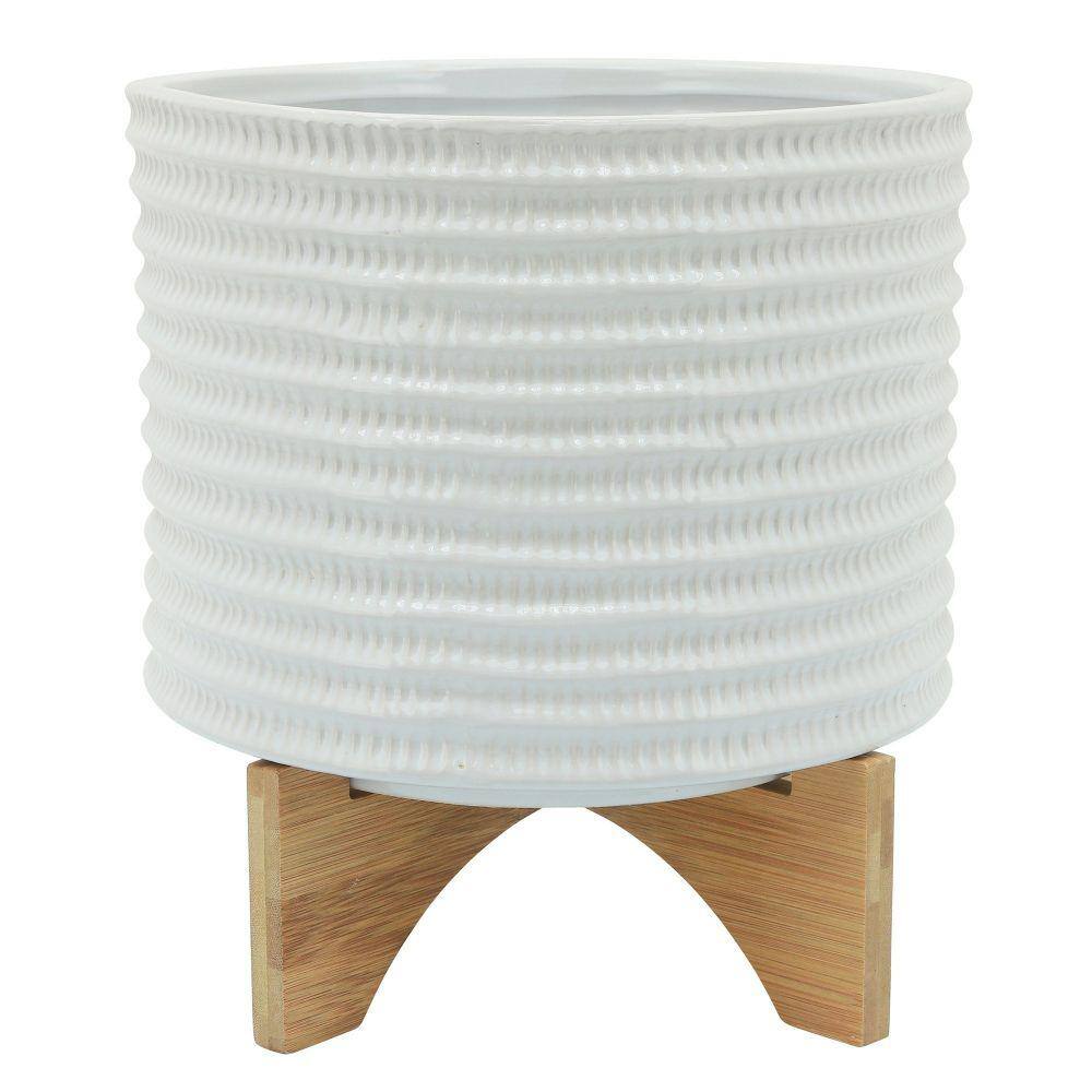 Benjara White Ceramic Textured Pattern and Wooden Stand Planter BM266285 -  The Home Depot