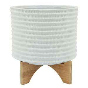 White Ceramic Textured Pattern and Wooden Stand Planter