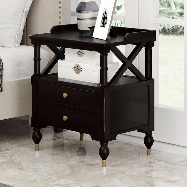 Harper & Bright Designs 23.6 in. W x 16.9 in. D x 26.9 in. H 2-Drawer Espresso Modern Solid Wood Nightstand