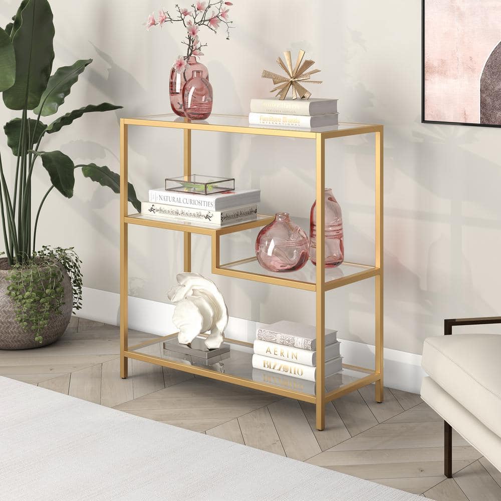 Staggered Gold-Tone 36" Tall Tempered Glass Bookcase