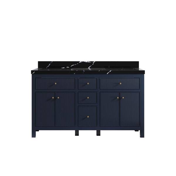 Willow Collections Sonoma 60 in. Double Sink Freestanding Navy Blue Bath Vanity with Calacatta Black Quartz Top Unassembled
