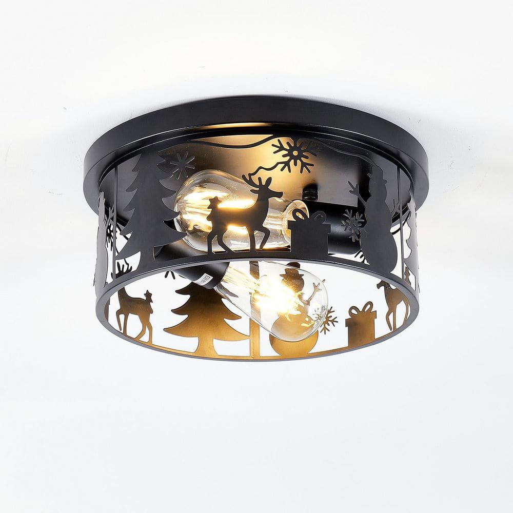 Farmhouse 2-Light Black Flush Mount Ceiling Light, Deer & Snowman Square Metal Pendant Light Fixture for Kitchen price history on PriceWatchPro