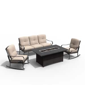 Winnie Black 4-Piece Aluminum Patio Fire Pit Conversation Sofa Set with Beige Cushions