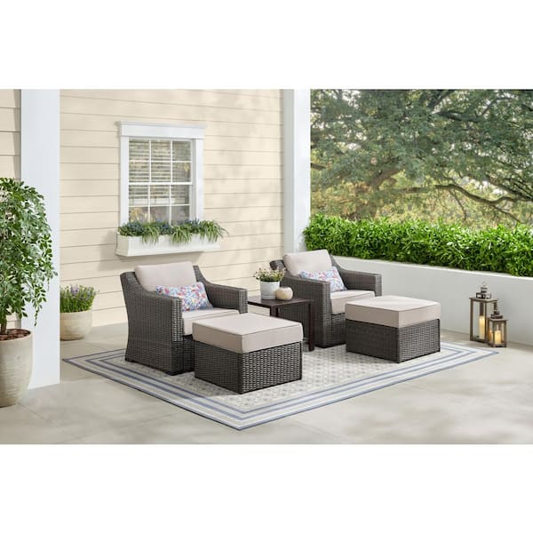 Blackwell 5-Piece Wicker Patio Conversation Set with CushionGuard Warm Stone Cushions