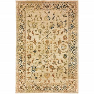5' X 7' Beige Gold And Teal Oriental Power Loom Stain Resistant Area Rug