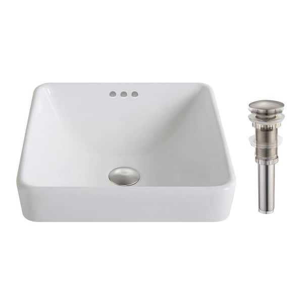 KRAUS Elavo Series Square Ceramic Semi-Recessed Bathroom Sink in White with Overflow and Pop Up Drain in Brushed Nickel