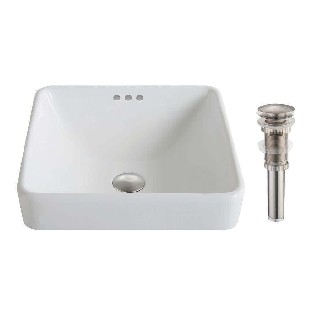 White Ceramic Square Semi-Recessed Vessel Sink with Overflow