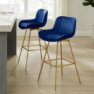 Modern 38.78 in. Height Blue Velvet Swivel Bar Stools with 4-Metal Foots and Low Back (Set of 2)