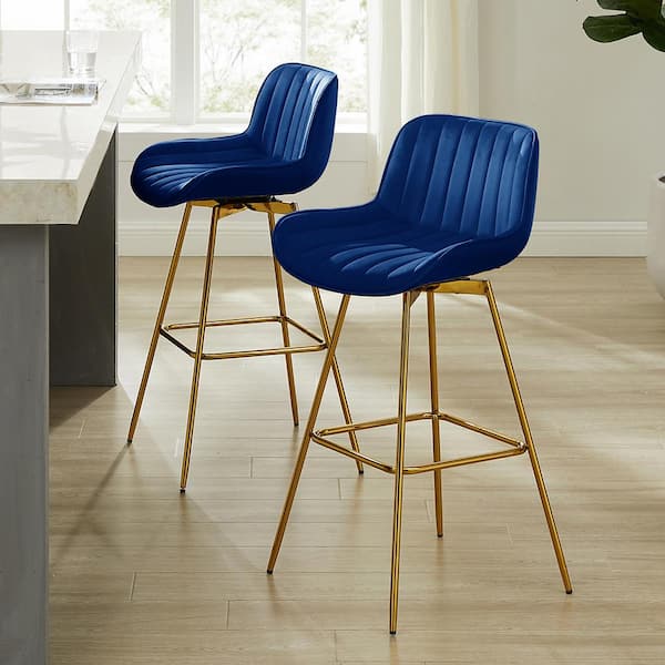 Art Leon Modern 38.78 in. Height Blue Velvet Swivel Bar Stools with 4-Metal Foots and Low Back (Set of 2)