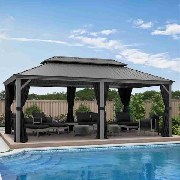 PURPLE LEAF 12 ft. x 20 ft. Light Gray Patio Outdoor Gazebo for Backyard Hardtop Galvanized Steel Frame with Upgrade Curtain