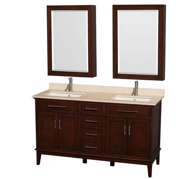 Wyndham Collection Hatton 60 in. Double Vanity in Dark Chestnut with Marble Vanity Top in Ivory and Undermount Square Sinks