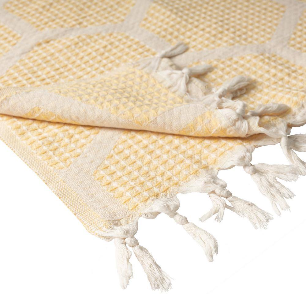 Yellow Honeycomb Pattern Turkish Cotton Throw Blanket with Tassels