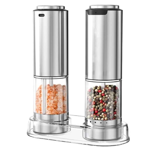 Rechargeable Electric Salt & Pepper Grinder Set w/ Base, Stainless Steel Mills, White LED Light, Adjustable Coarseness
