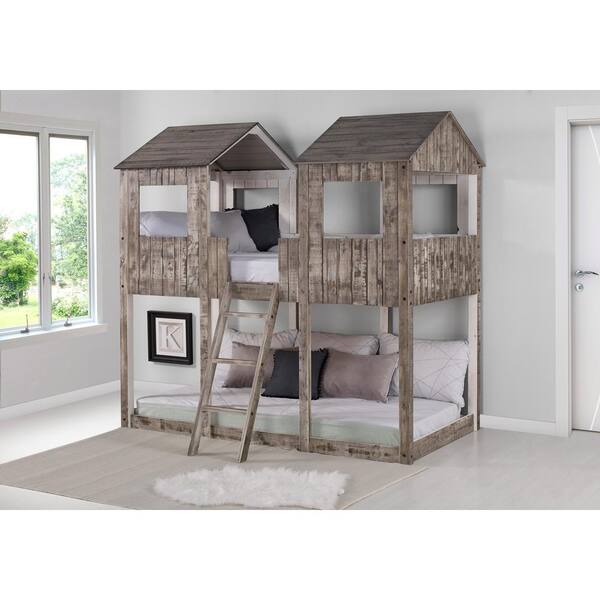 Donco Kids Rustic White Twin Sized, Tree House Twin Bunk Bed