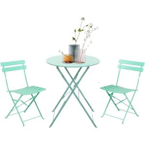 3-Piece Steel Frame Round Table Patio Outdoor Bistro Dining Set, Foldable Patio Table and Chairs Furniture, Green