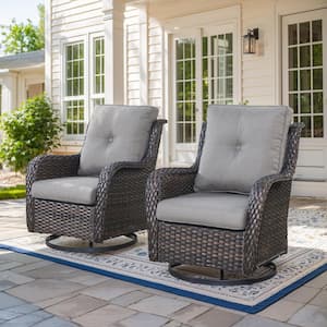 Brown Swivel Glider Wicker Outdoor Rocking Chair with Gray Cushions (2-Pack)