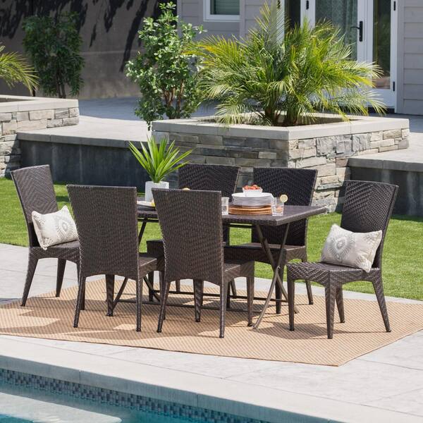 Noble House Astra 29 in. Multi-Brown 7-Piece Metal Rectangular Outdoor ...