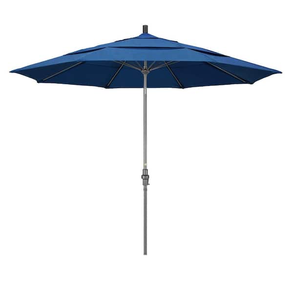 California Umbrella 11 ft. Hammertone Grey Aluminum Market Patio Umbrella with Collar Tilt Crank Lift in Regatta Sunbrella
