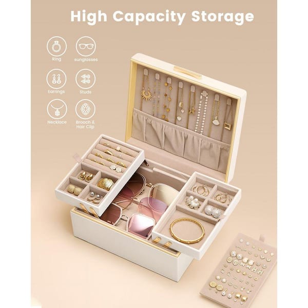 Jewelry Box Organizer 2 Layer Large Cream Faux Leather Jewelry Box